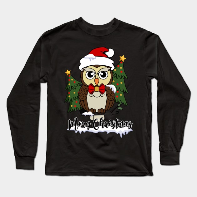 Cute Owl Santa Hat Christmas Tree Xmas Gift Long Sleeve T-Shirt by BadDesignCo